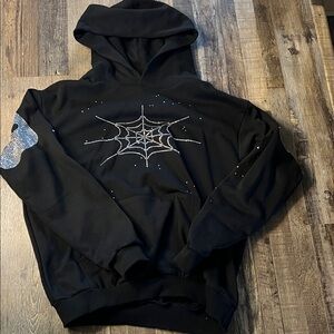 Men's Black Turtleneck Sweater with Rhinestone Spiderweb Detail